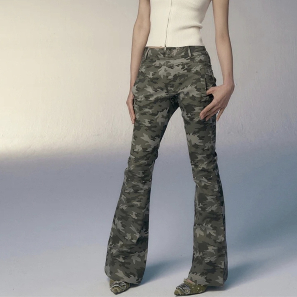 PRRP Camouflage Studded High Rise Flare Stretch Pants. Rock Grundge Urban Edgy